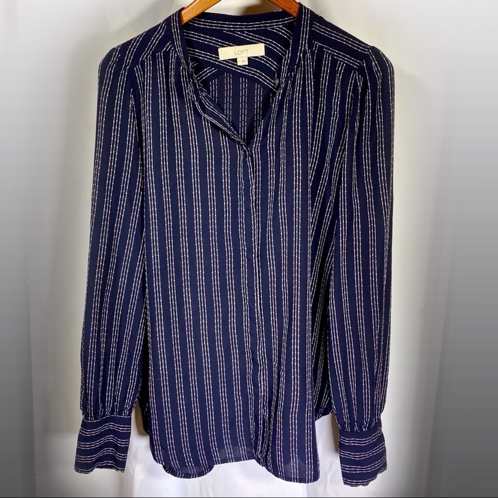 LOFT Deep Blue Striped Button Down Blouse